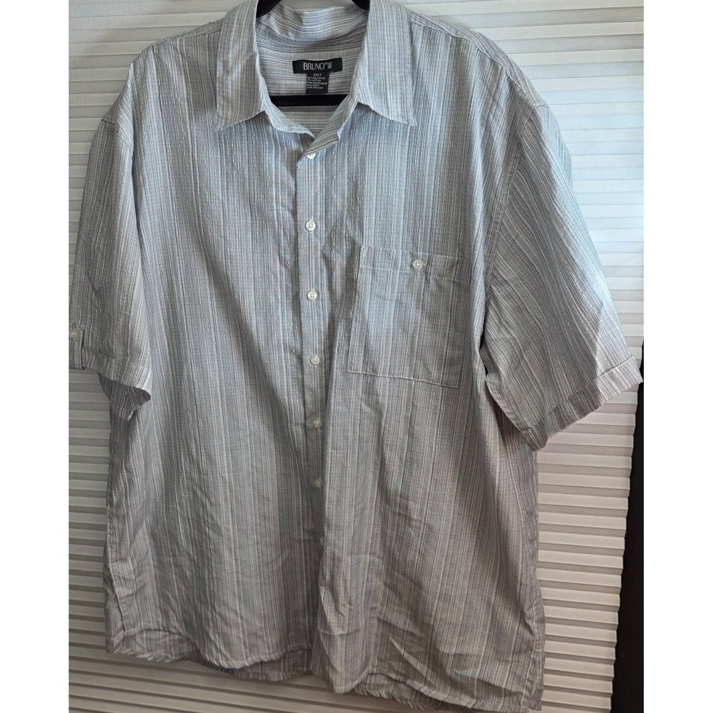 Bruno Mens Short Sleeve Button Up Shirt Big Tall Long 2XLT Gray Striped Untucked